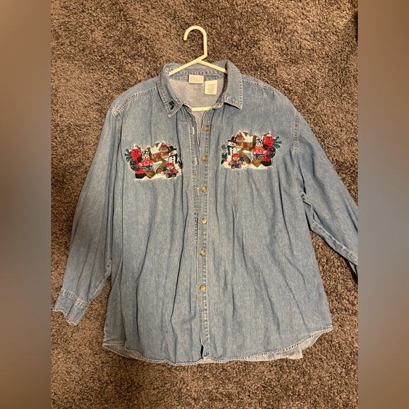 Bobbie Brooks Embroidered Denim Shirt Women’s Plus 22W/24W Holiday Snowman - Picture 1 of 2